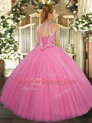 Extravagant Halter Top Sleeveless Quinceanera Dress Floor Length Beading and Embroidery Watermelon Red Tulle