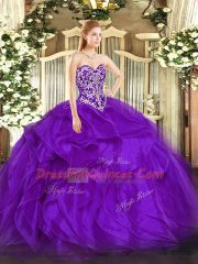 Delicate Purple Lace Up Quince Ball Gowns Beading and Ruffles Sleeveless Floor Length