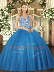 Floor Length Blue Quinceanera Gown Straps Sleeveless Lace Up