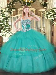 Affordable Turquoise Tulle Lace Up Strapless Sleeveless Floor Length 15 Quinceanera Dress Beading and Ruffled Layers