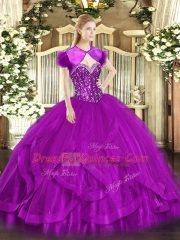 Ball Gowns 15 Quinceanera Dress Fuchsia Sweetheart Tulle Sleeveless Floor Length Lace Up