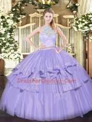 Hot Sale Lavender Two Pieces Organza Scoop Sleeveless Lace and Ruffled Layers Floor Length Zipper Sweet 16 Dresses