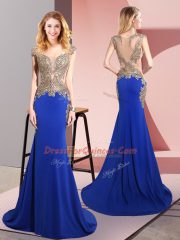Glorious Royal Blue Elastic Woven Satin Side Zipper Dress for Prom Sleeveless Sweep Train Beading