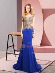 Glorious Royal Blue Elastic Woven Satin Side Zipper Dress for Prom Sleeveless Sweep Train Beading