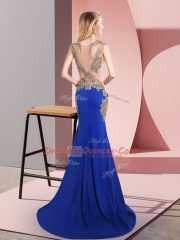 Glorious Royal Blue Elastic Woven Satin Side Zipper Dress for Prom Sleeveless Sweep Train Beading