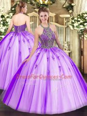 Adorable Eggplant Purple Tulle Lace Up Sweet 16 Quinceanera Dress Sleeveless Floor Length Beading