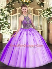 Adorable Eggplant Purple Tulle Lace Up Sweet 16 Quinceanera Dress Sleeveless Floor Length Beading