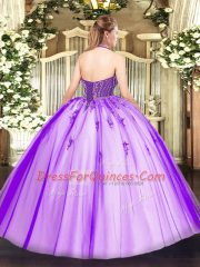 Adorable Eggplant Purple Tulle Lace Up Sweet 16 Quinceanera Dress Sleeveless Floor Length Beading