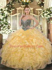 Comfortable Gold Sleeveless Floor Length Beading and Ruffles Lace Up Sweet 16 Quinceanera Dress