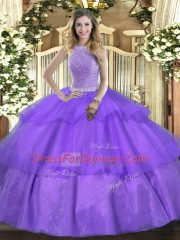 Floor Length Lavender Quinceanera Gown Tulle Sleeveless Beading and Ruffled Layers