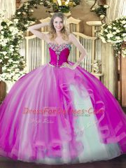 Fuchsia Sweetheart Neckline Beading and Ruffles Quinceanera Gown Sleeveless Lace Up