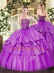 Free and Easy Floor Length Lilac Quinceanera Dresses Strapless Sleeveless Lace Up