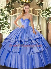 Blue Sleeveless Organza and Taffeta Lace Up Quinceanera Dress for Military Ball and Sweet 16 and Quinceanera