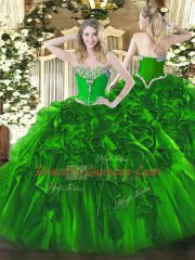 Green Organza Lace Up Sweetheart Sleeveless Floor Length Quinceanera Gown Beading and Ruffles