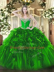 Green Organza Lace Up Sweetheart Sleeveless Floor Length Quinceanera Gown Beading and Ruffles