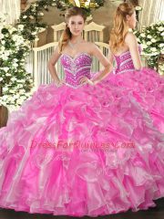 Romantic Rose Pink Sweetheart Lace Up Beading and Ruffles 15 Quinceanera Dress Sleeveless