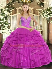 Modest Floor Length Fuchsia 15 Quinceanera Dress Tulle Sleeveless Beading and Ruffles