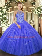 Halter Top Sleeveless Lace Up Quinceanera Gown Blue Tulle
