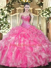 Nice Sleeveless Floor Length Beading and Ruffles Lace Up Sweet 16 Quinceanera Dress with Hot Pink