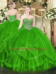 Top Selling Green Sleeveless Floor Length Beading and Ruffles Lace Up Sweet 16 Dress
