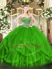 Top Selling Green Sleeveless Floor Length Beading and Ruffles Lace Up Sweet 16 Dress