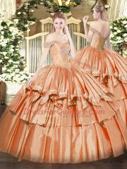 Wonderful Organza Off The Shoulder Sleeveless Lace Up Beading and Ruffled Layers Quince Ball Gowns in Orange Red