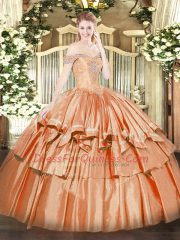 Wonderful Organza Off The Shoulder Sleeveless Lace Up Beading and Ruffled Layers Quince Ball Gowns in Orange Red