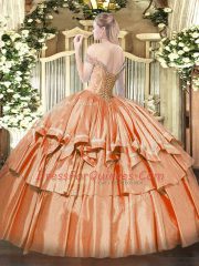 Wonderful Organza Off The Shoulder Sleeveless Lace Up Beading and Ruffled Layers Quince Ball Gowns in Orange Red