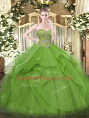 Attractive Olive Green Tulle Lace Up 15 Quinceanera Dress Sleeveless Floor Length Beading and Ruffles
