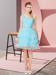 One Shoulder Sleeveless Dress for Prom Mini Length Beading and Ruffled Layers Aqua Blue Organza