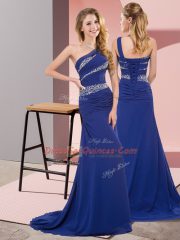 Romantic Beading Prom Dresses Blue Lace Up Sleeveless Floor Length Sweep Train