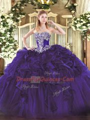 Customized Purple Sweet 16 Quinceanera Dress Military Ball and Sweet 16 and Quinceanera with Beading and Ruffles Strapless Sleeveless Lace Up