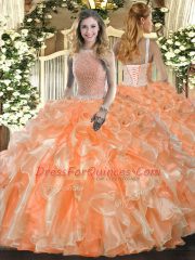 Modest Orange Red Quinceanera Dress Military Ball and Sweet 16 and Quinceanera with Beading and Ruffles High-neck Sleeveless Lace Up