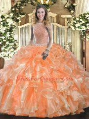 Modest Orange Red Quinceanera Dress Military Ball and Sweet 16 and Quinceanera with Beading and Ruffles High-neck Sleeveless Lace Up