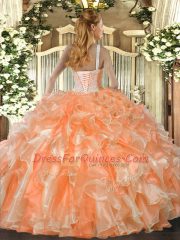 Modest Orange Red Quinceanera Dress Military Ball and Sweet 16 and Quinceanera with Beading and Ruffles High-neck Sleeveless Lace Up