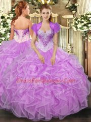 Flirting Lilac Organza Lace Up Quinceanera Gowns Sleeveless Floor Length Beading and Ruffles