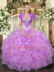 Flirting Lilac Organza Lace Up Quinceanera Gowns Sleeveless Floor Length Beading and Ruffles