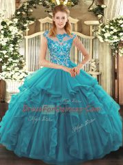 High End Teal Ball Gowns Organza Scoop Cap Sleeves Ruffles Lace Up Ball Gown Prom Dress