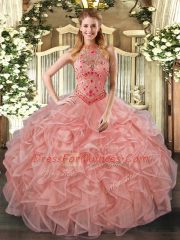 Graceful Peach Halter Top Neckline Beading and Embroidery and Ruffles Quinceanera Dress Sleeveless Lace Up