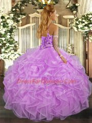 Graceful Peach Halter Top Neckline Beading and Embroidery and Ruffles Quinceanera Dress Sleeveless Lace Up