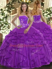 Purple Ball Gowns Strapless Sleeveless Tulle Floor Length Lace Up Beading and Ruffles Sweet 16 Quinceanera Dress