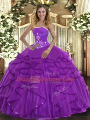 Purple Ball Gowns Strapless Sleeveless Tulle Floor Length Lace Up Beading and Ruffles Sweet 16 Quinceanera Dress