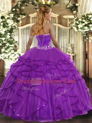 Purple Ball Gowns Strapless Sleeveless Tulle Floor Length Lace Up Beading and Ruffles Sweet 16 Quinceanera Dress