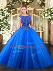 Exquisite Royal Blue Ball Gowns Tulle Scoop Sleeveless Beading and Appliques Floor Length Zipper 15th Birthday Dress