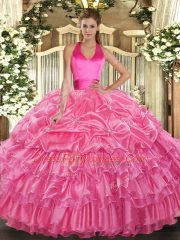 Noble Floor Length Rose Pink Quinceanera Dress Organza Sleeveless Ruffled Layers and Pick Ups