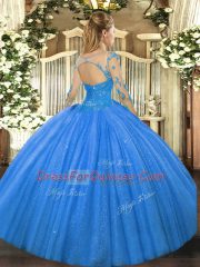 Blue Scoop Neckline Lace Ball Gown Prom Dress Long Sleeves Lace Up