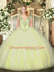 Yellow Green Lace Up V-neck Beading and Ruffles Ball Gown Prom Dress Tulle Sleeveless