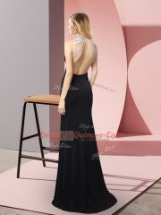 Black Column/Sheath Elastic Woven Satin High-neck Sleeveless Beading Floor Length Backless Prom Dresses