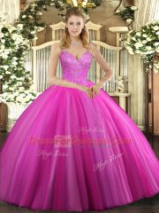 Floor Length Ball Gowns Sleeveless Fuchsia Quinceanera Gowns Lace Up