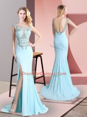 Sleeveless Sweep Train Backless Beading Prom Evening Gown